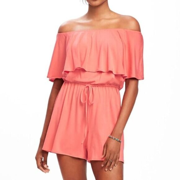 OLD NAVY Ruffle-Trim Swim Off-Shoulder Romper Pink Sz S Flawed - Picture 1 of 16
